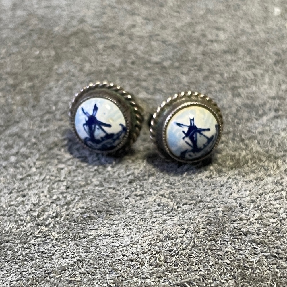 Dutch Painted Porcelain Windmill Post Earrings in Silver